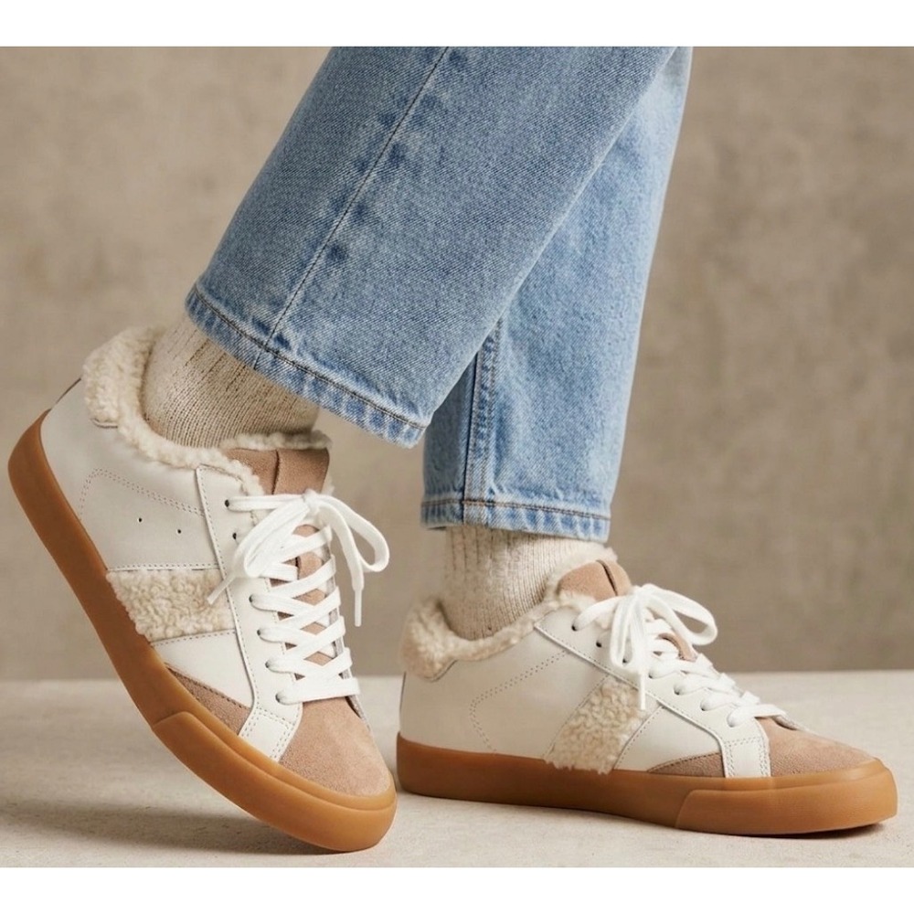 Marc Fisher Ltd. Sidewalk Low Top Sneakers White Leather Sherpa Suede Size 6